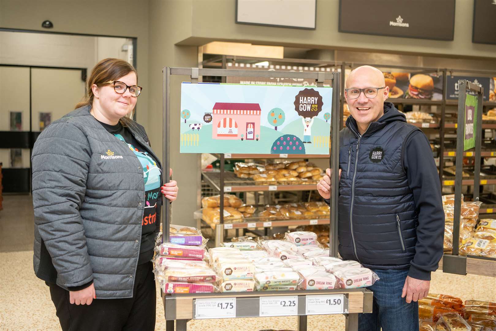 Harry Gow director David Gow with Ashleigh Campbell, Market Street senior manager at Morrisons Inverness.