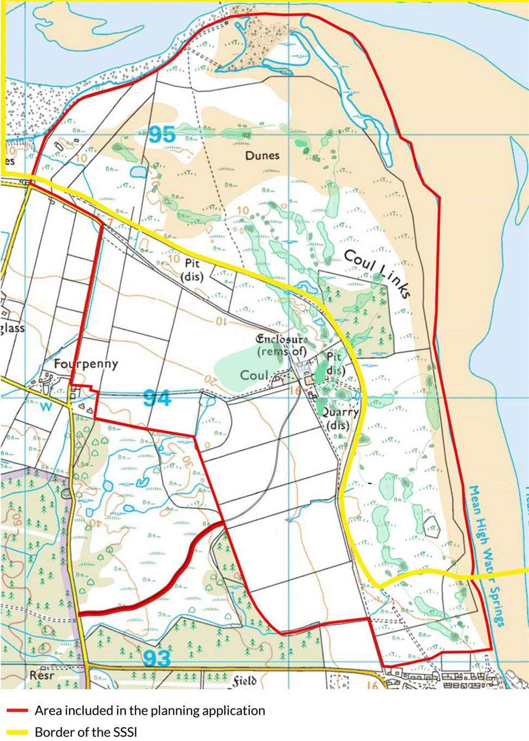The red line on this map shows the proposed area to be covered by Coul LInks. The yellow line is the border of the SSSI. Picture: NatureScot