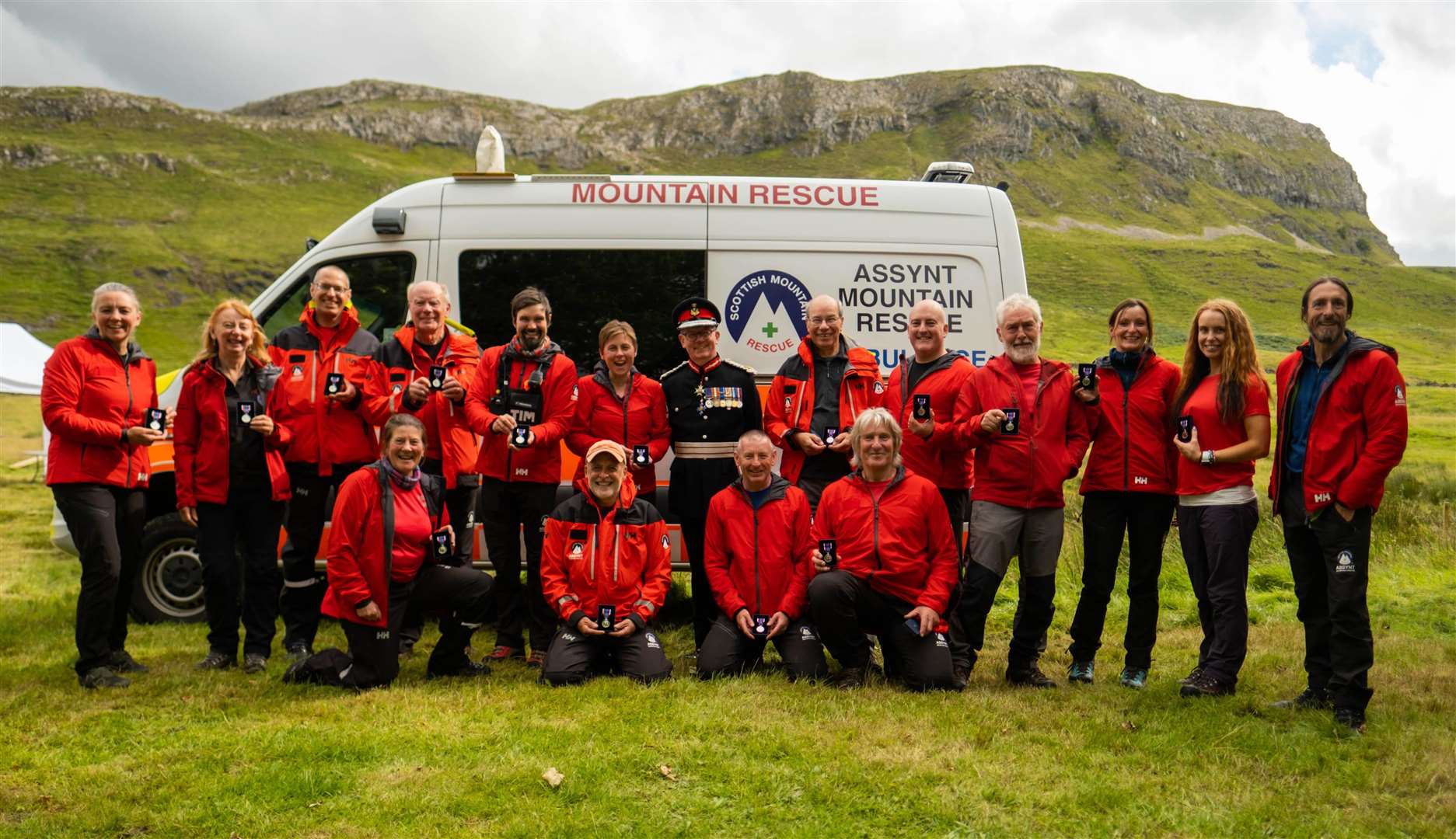 Lord Lieutenant Major General Patrick Marriott with members of Assynt Rescue Team who received Queen's Platinum Jubilee Medals at a ceremony last Sunday.