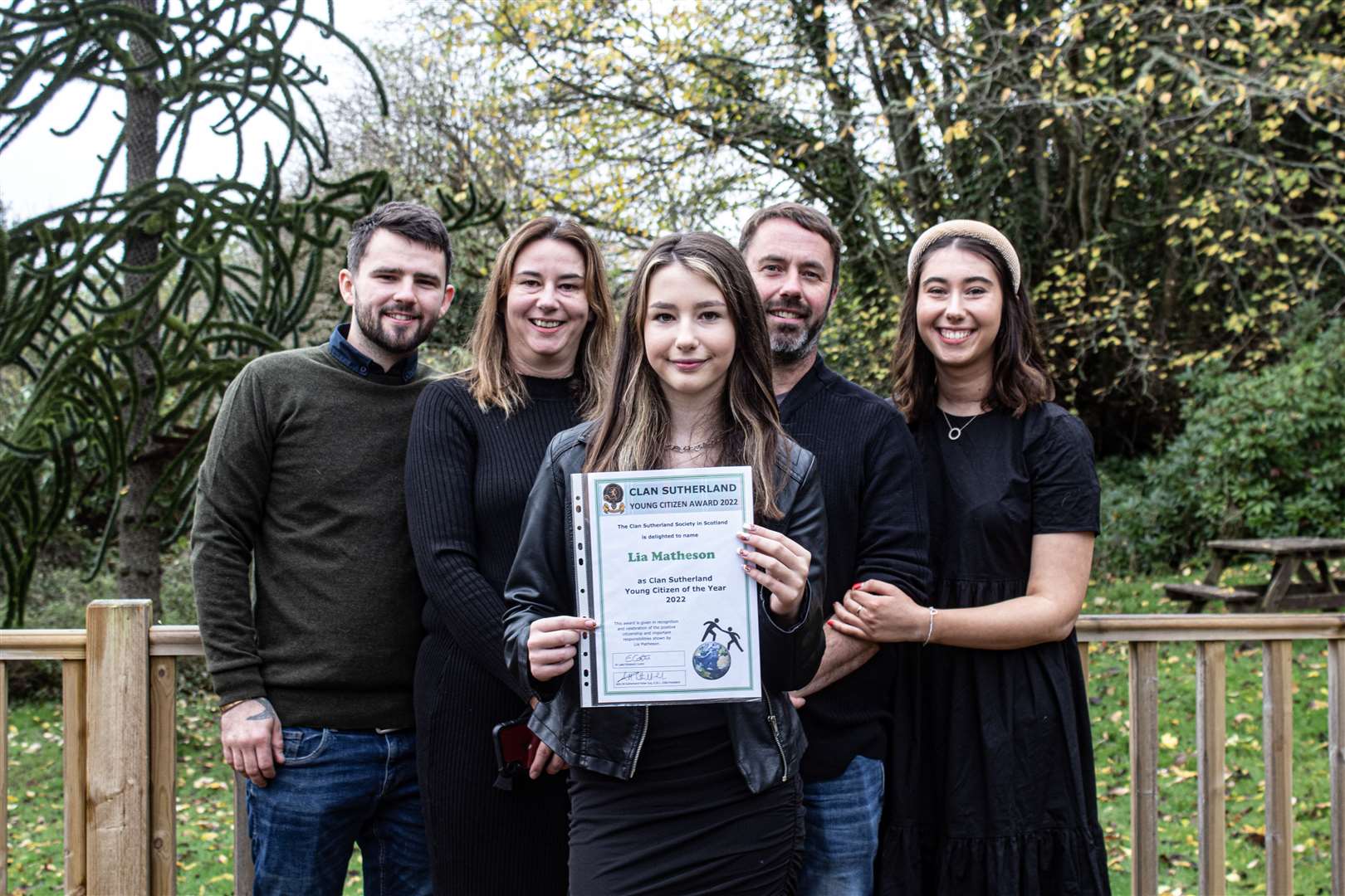 Lia Matheson (centre) with mum Louise and dad Martin, alongside sister Katie (far right) and Katie’s boyfriend Kyle Sutherland (far left).