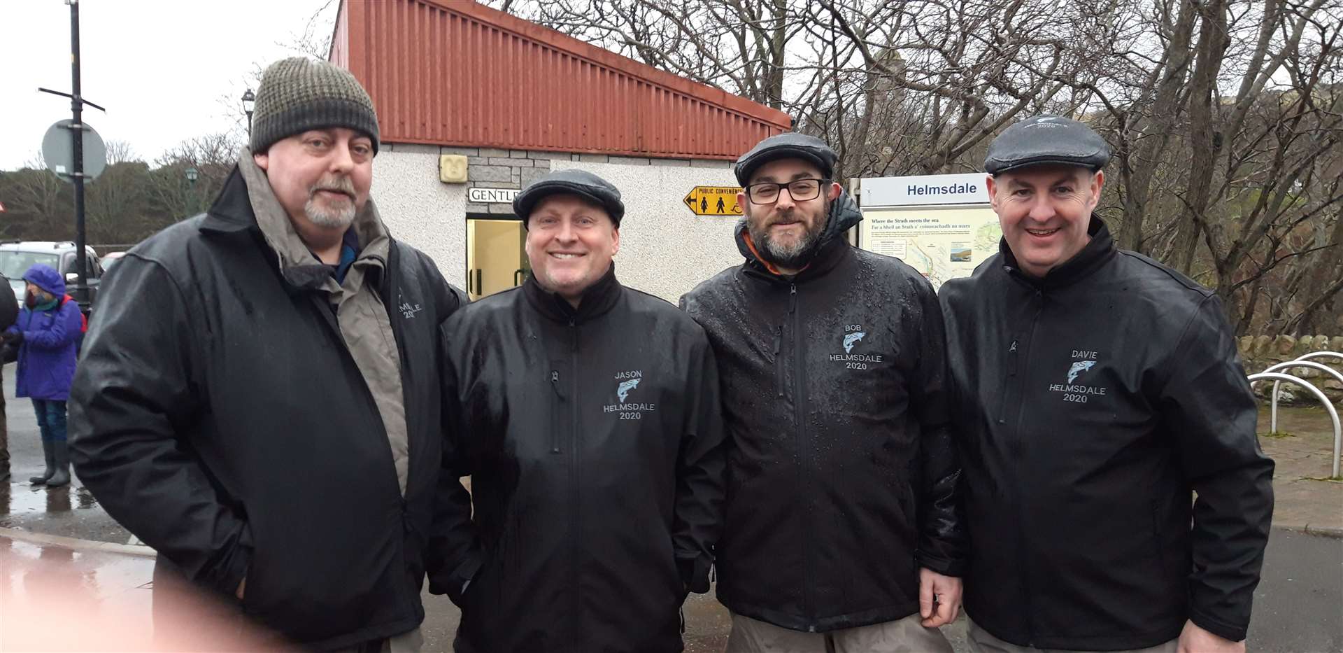 These four friends from the Glasgow area have been attending the opening ceremony of the River Helmsale for years. They are wearing matching jackets with the words River Helmsdale 2020 on them, and are looking forward to a week's fishing.