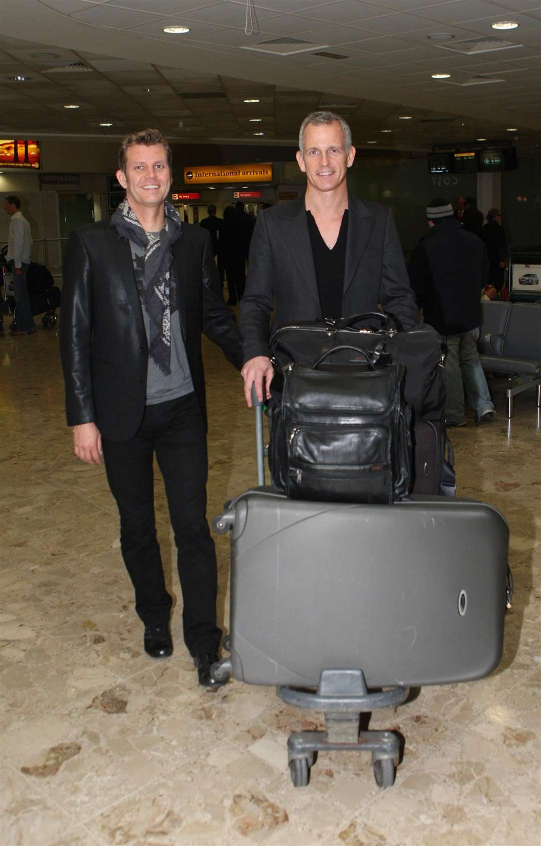 Brian Paddick with Petter Belsvik after they arrived at London’s Heathrow Airport on a flight from Australia following his time on I’m a Celebrity in 2008 (PA)