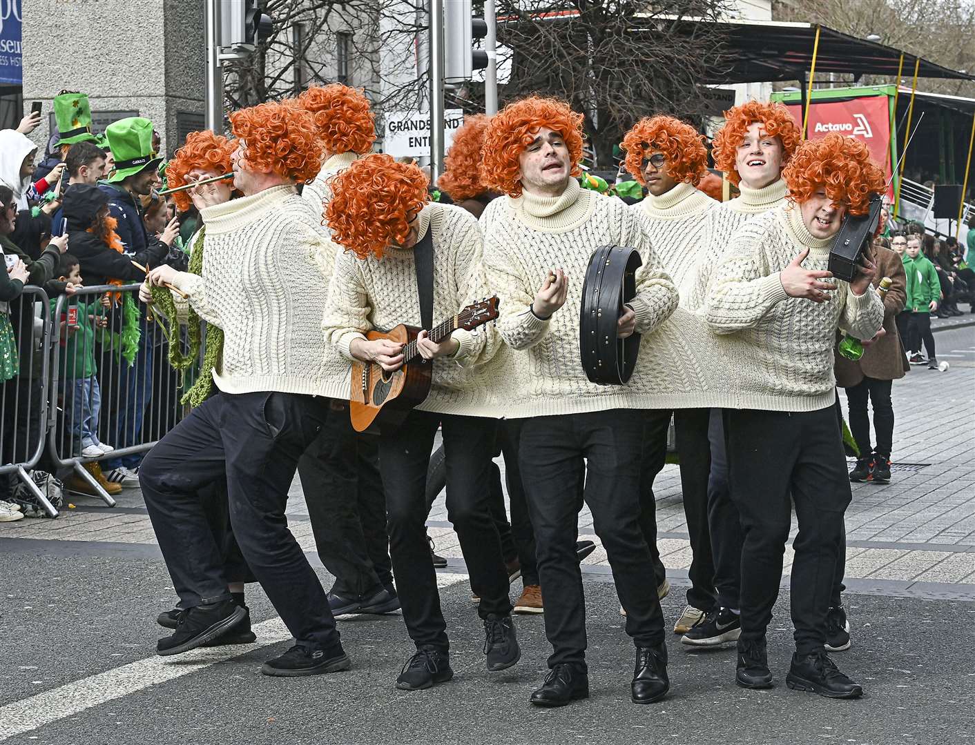 One group took an imaginative look at what it meant to be ‘110% Irish’ and wore red wigs and the same Aran jumper (Michael Chester/PA)