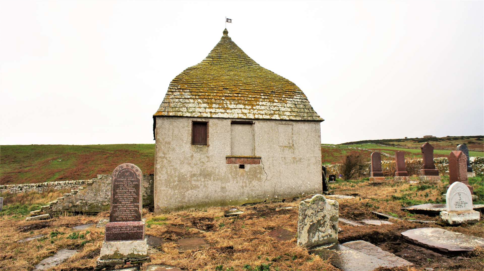 The Sinclair Mausoleum lies within the Mains of Ulbster graveyard and is historically connected to the present Lord Thurso. A previous Pictish find known as the Ulbster Stone, a cross slab with symbols, originally stood in a corner of the churchyard. It is now in Thurso's North Coast Visitor Centre museum. Picture: DGS