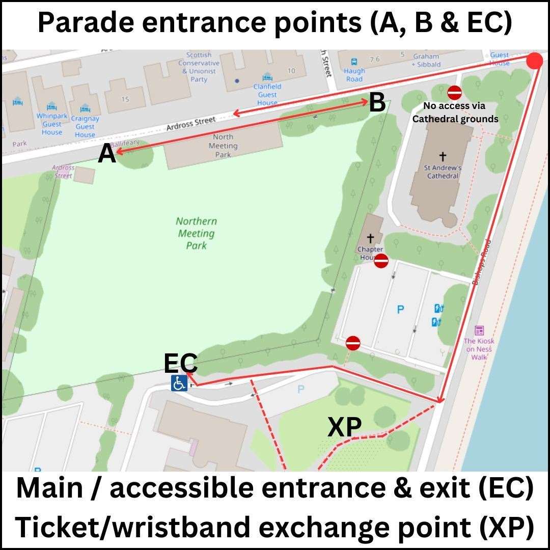 A map of the entrance points to the Northern Meeting Park for Highland Pride 2023.
