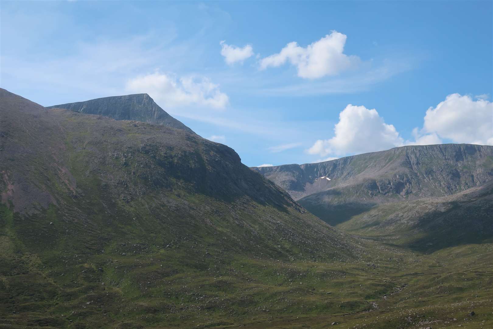 The Sphinx snow patch just about remains (right of centre) while the dominant peak is Sgurr an Lochain Uaine, The Angel's Peak.