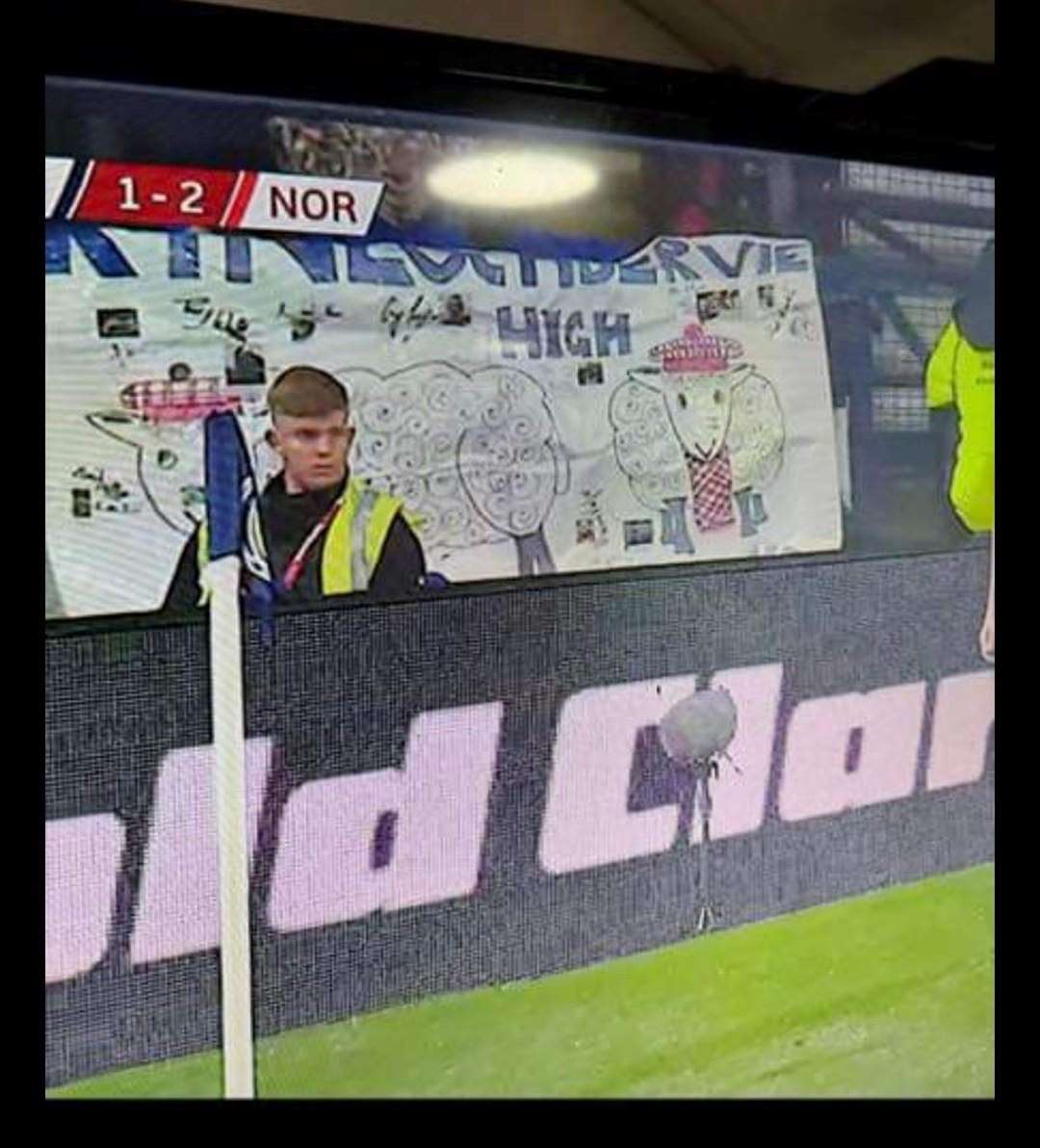 Kinlochbervie High School's famous sheep banner was shown several times on the tv broadcast of the match.