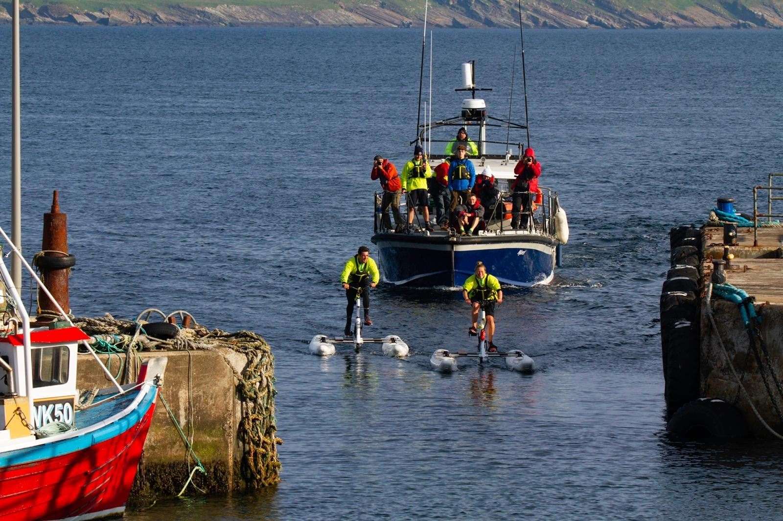 Pedal 4 Parks team members arriving in John O'Groats harbour on Saturday after pedalling over from Burwick. Picture: Poul Brix