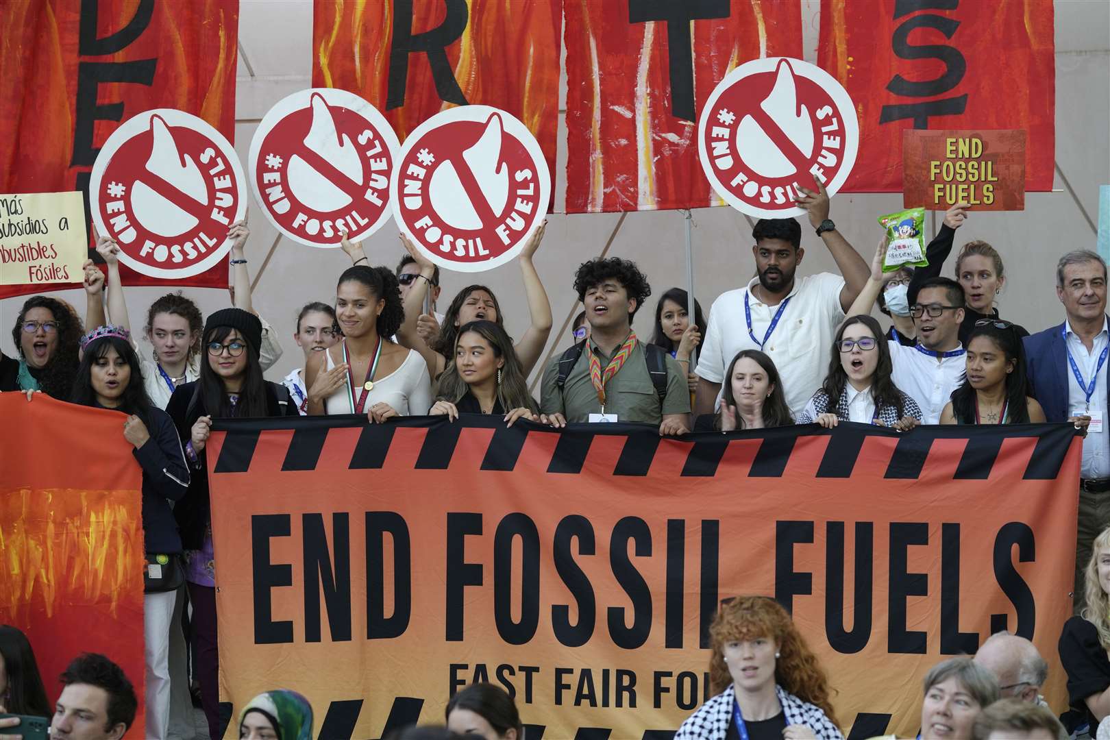 Protesters at Cop28 have been calling for a complete end to the use of fossil fuels (Peter Dejong/AP)