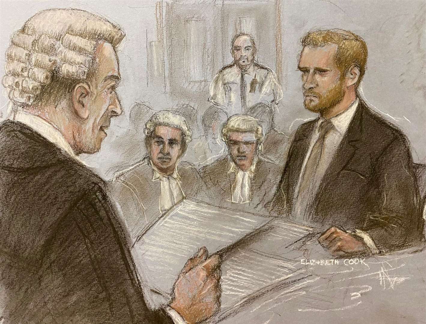 A court artist sketch of the Duke of Sussex being cross examined by Andrew Green KC, as he gave evidence during the phone hacking trial against Mirror Group Newspapers (Elizabeth Cook/PA)