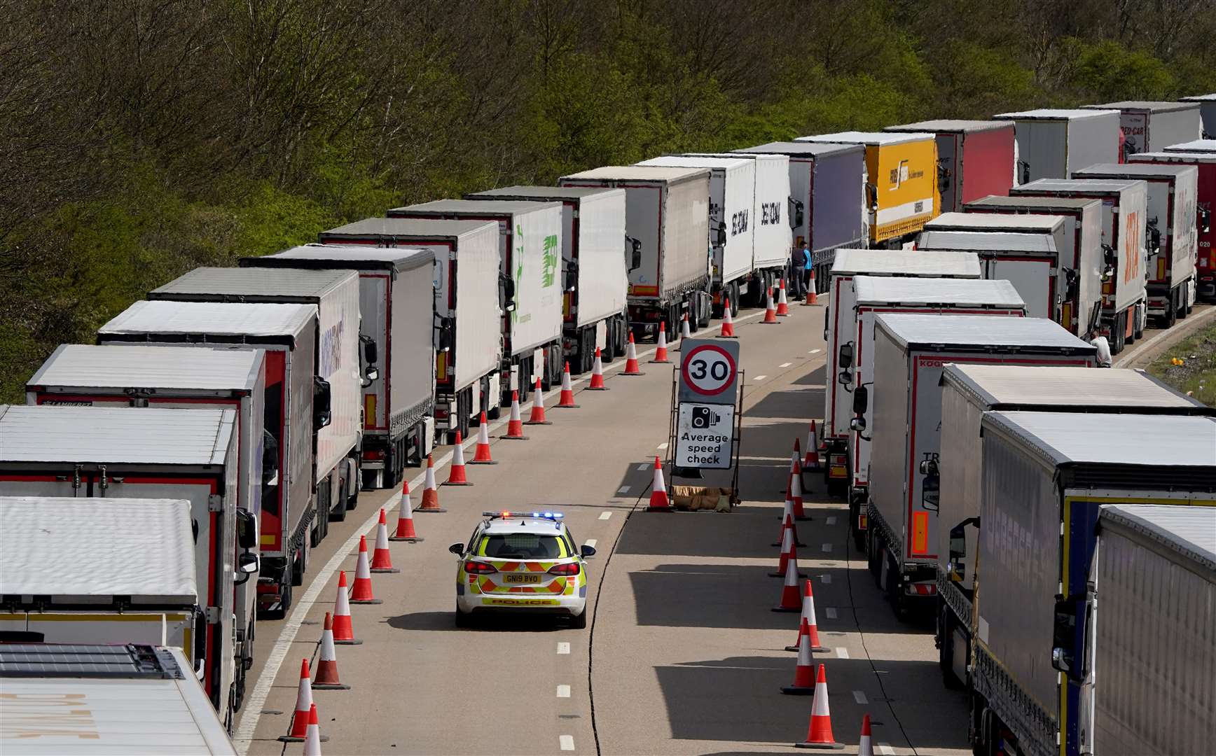 A view of lorries queued in Operation Brock on the M20 (PA)