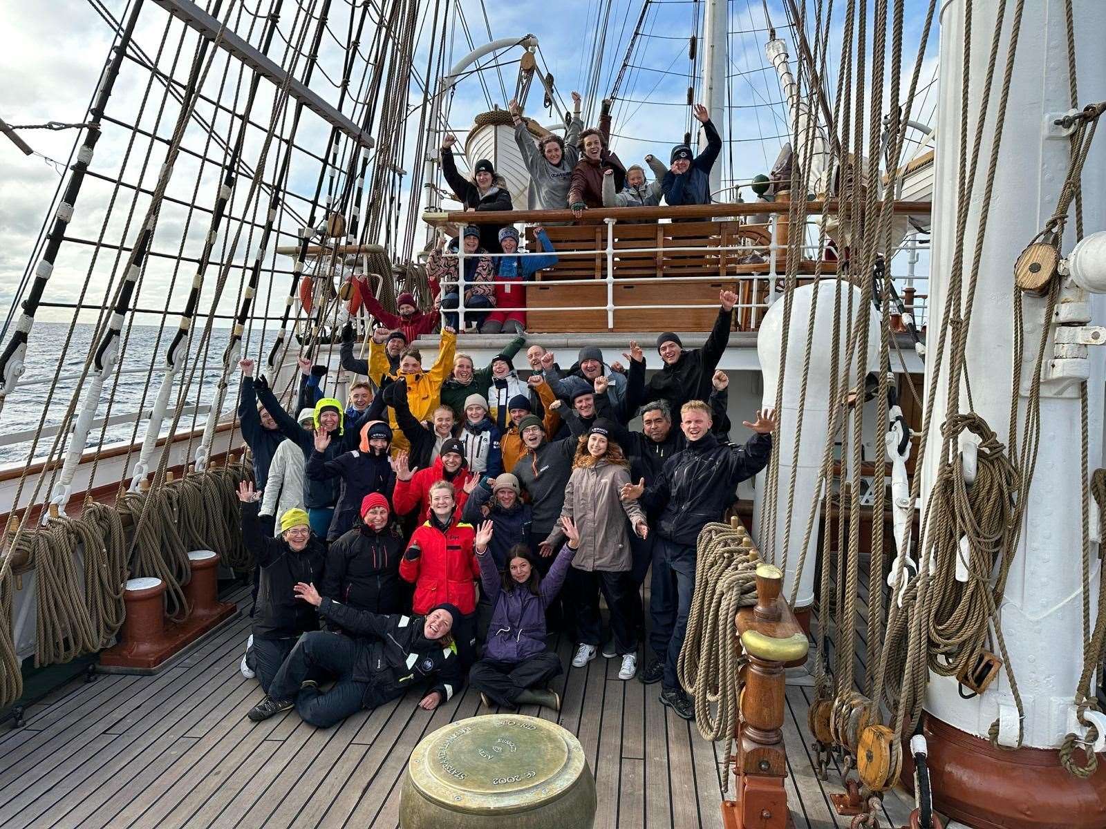 The group of voluntary sail trainees aboard the Statsraad Lehmkuhl. Molly is top right.