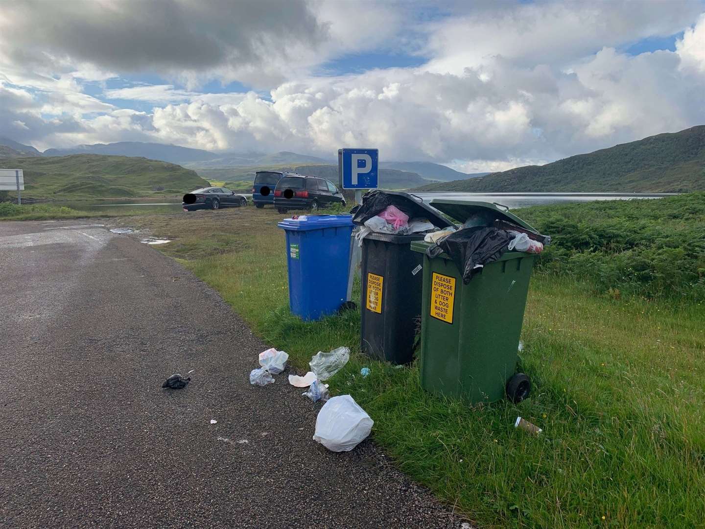 Overflowing rubbish bins in north west Sutherland.