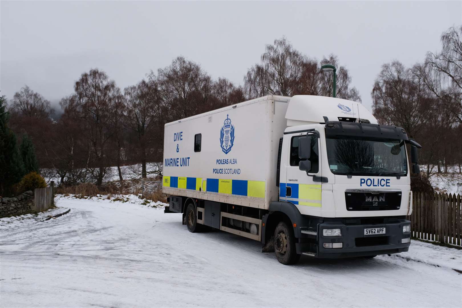 The police dive unit vehicle parked up at Dalfaber Park which is close to the River Spey in Aviemore.