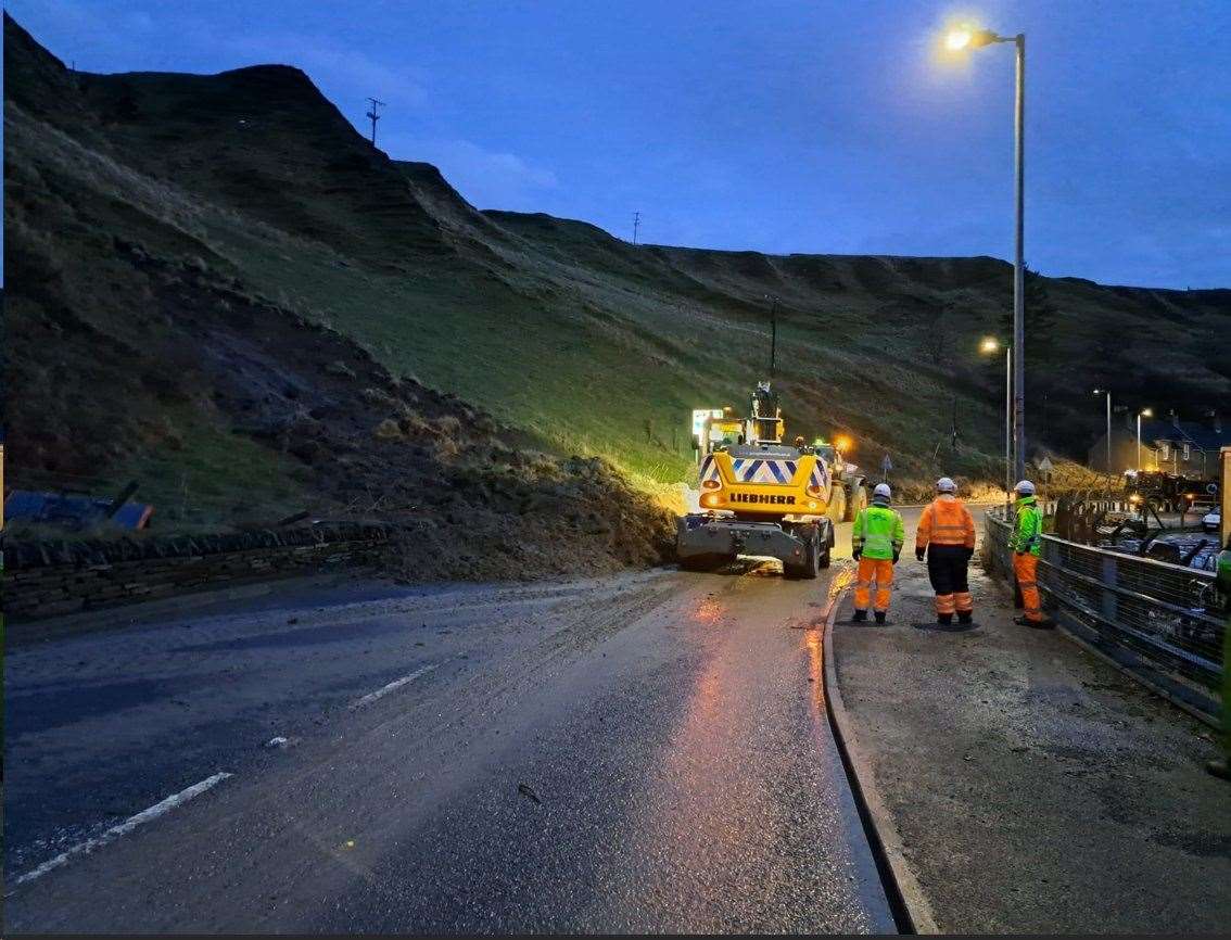 Bear Scotland teams clear the debris from the A9 at Scrabster on Thursday morning. Picture: Bear Scotland