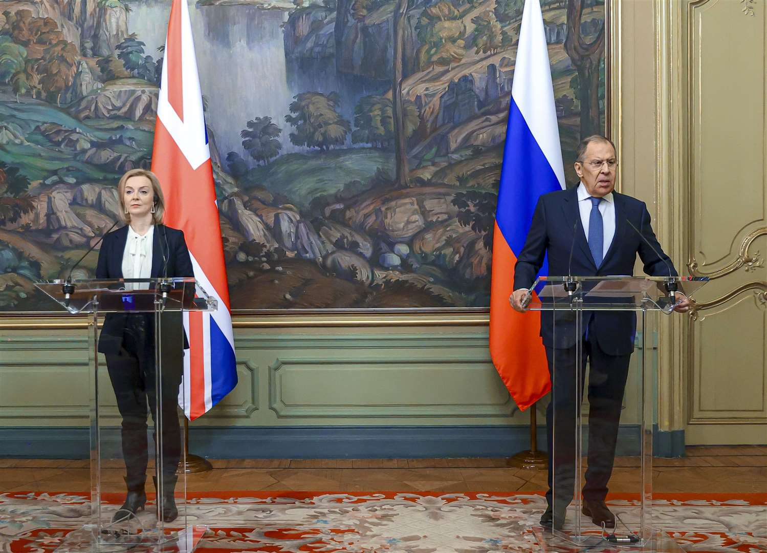 Russian Foreign Minister Sergey Lavrov and Foreign Secretary Liz Truss (Russian Foreign Ministry Press Service via AP)