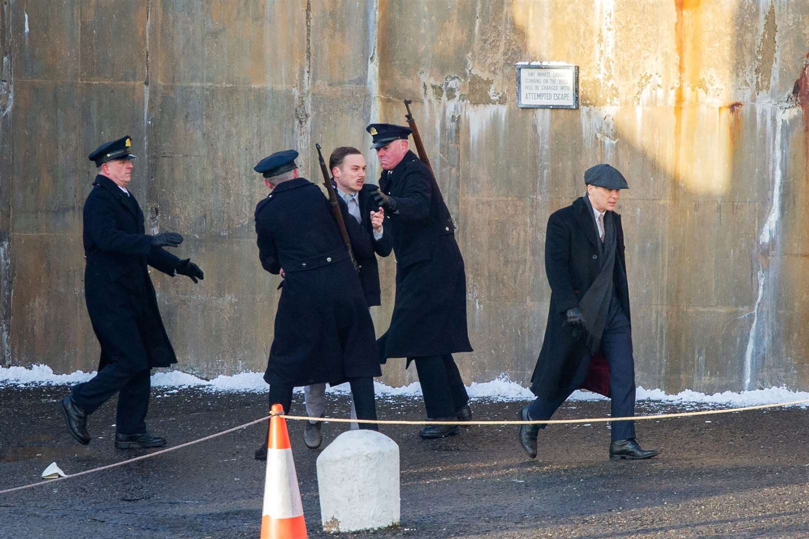 Michael Gray, played by Finn Cole, and Tommy Shelby (Cillian Murphy) film a scene at Portsoy. Picture: Daniel Forsyth