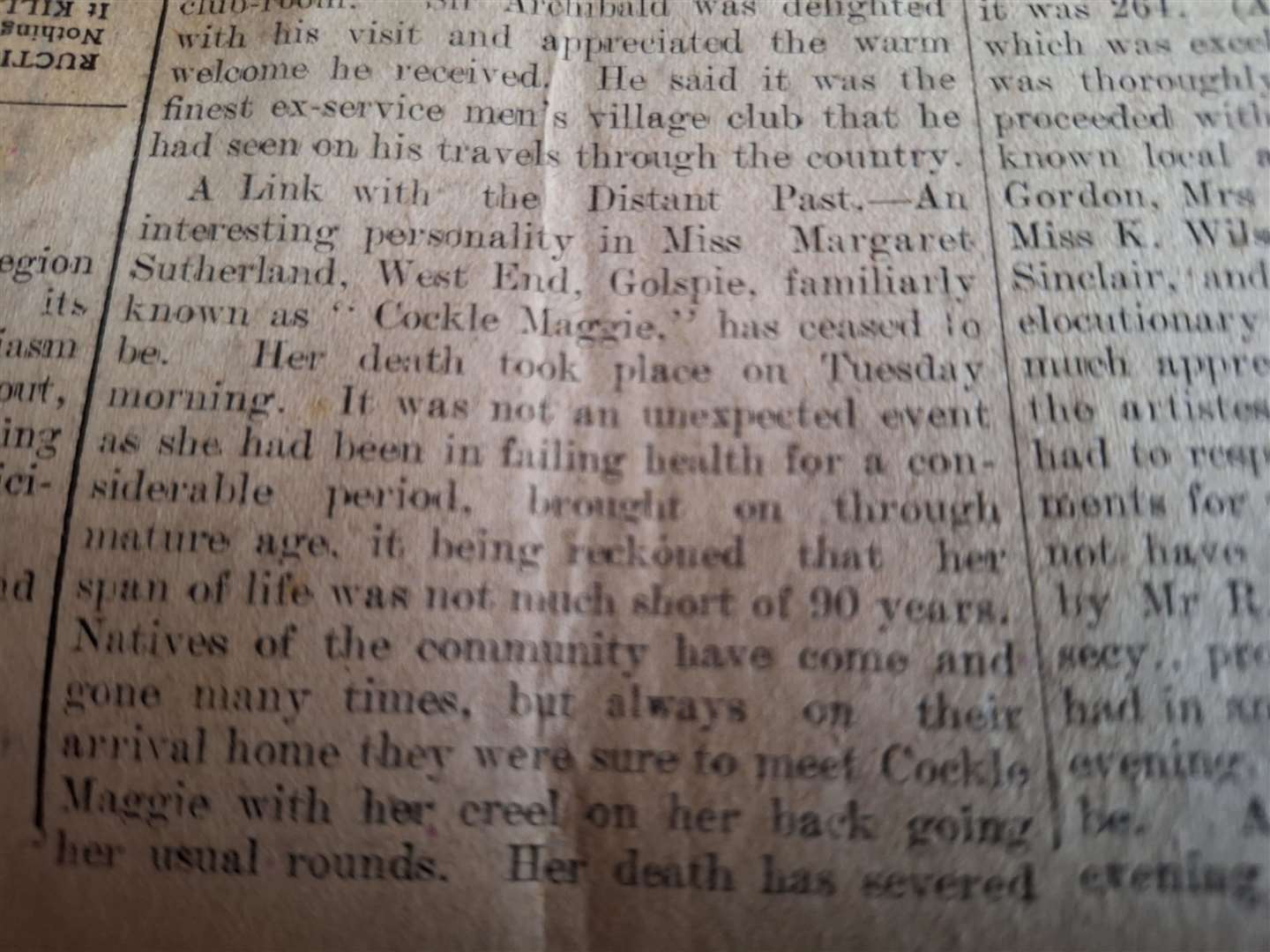 The death of Miss Margaret Sutherland, known as "Cockle Maggie" was recorded 100 years ago in the Northern Times of October 25, 1923.
