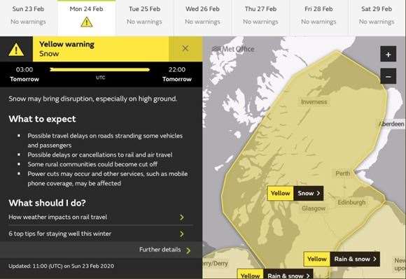 The yellow weather warning covers much of Scotland tomorrow.