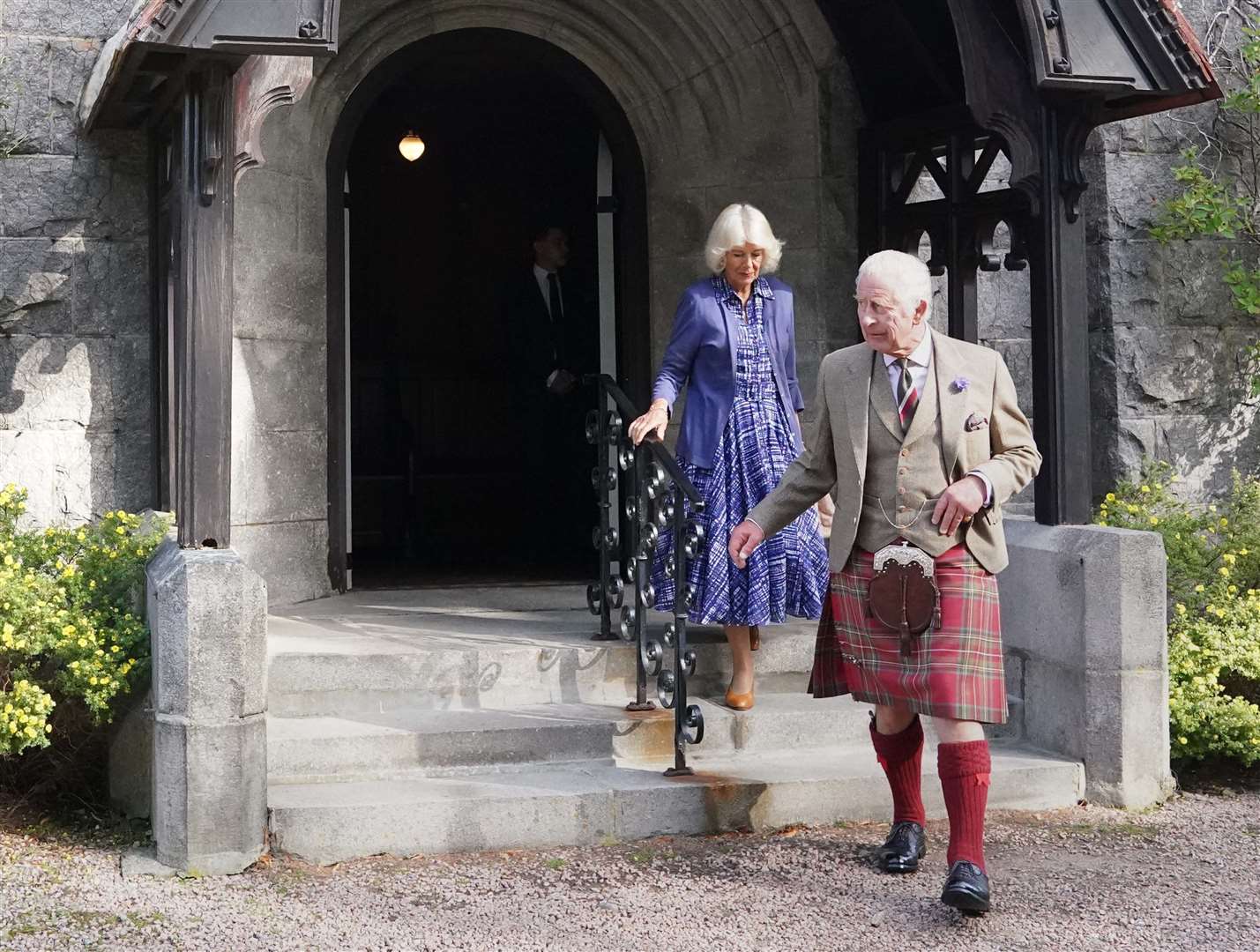 The King and Queen leave Crathie Kirk near Balmoral on the anniversary of the late Queen’s death (Andrew Milligan/PA)