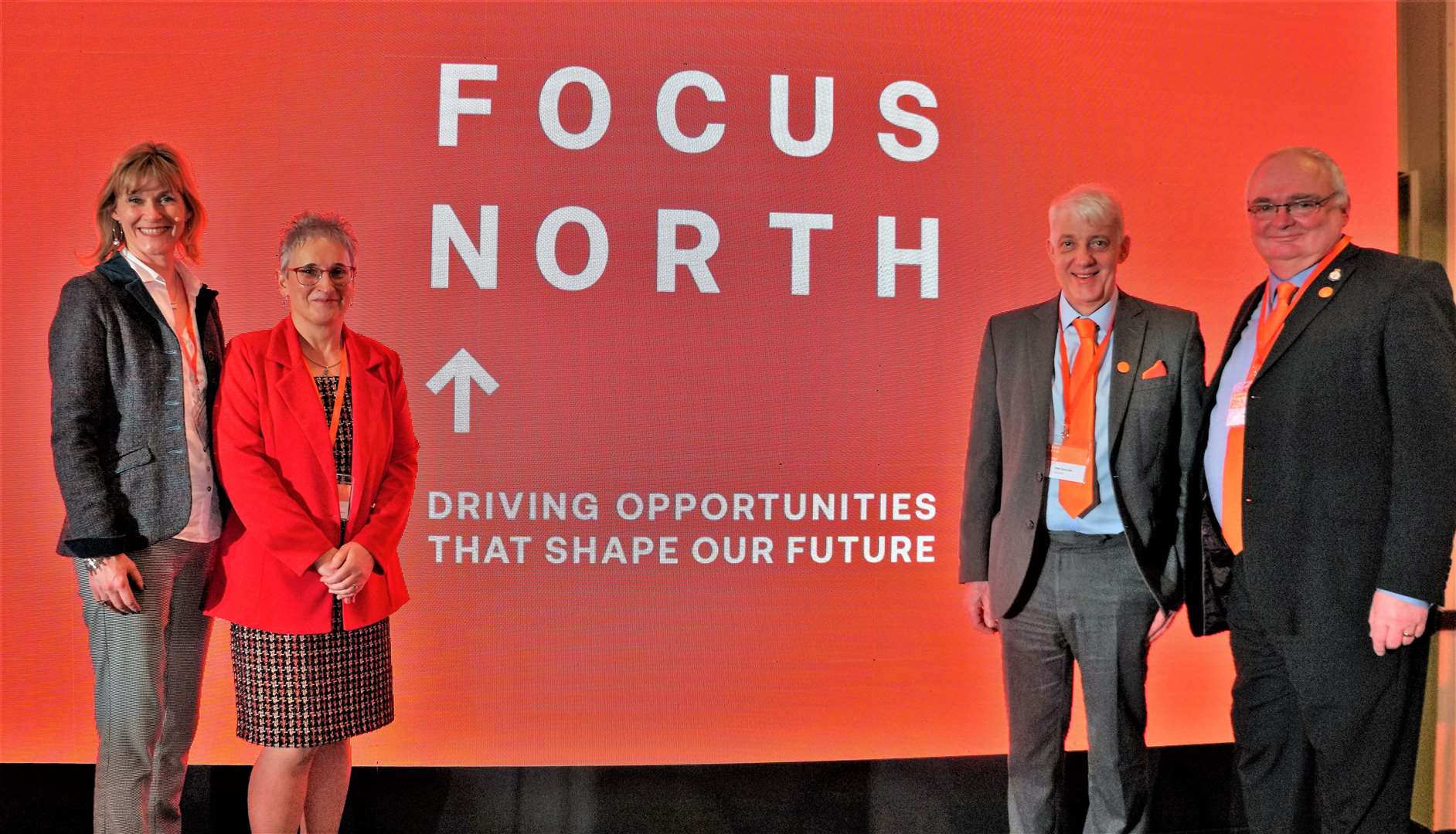 Presenter Nicky Marr, on the left, with Trudy Morris (chief executive of Caithness Chamber of Commerce), Peter Faccenda (Focus North programme manager) and, on the right, Simon Middlemas (Focus North chairman). Picture: DGS