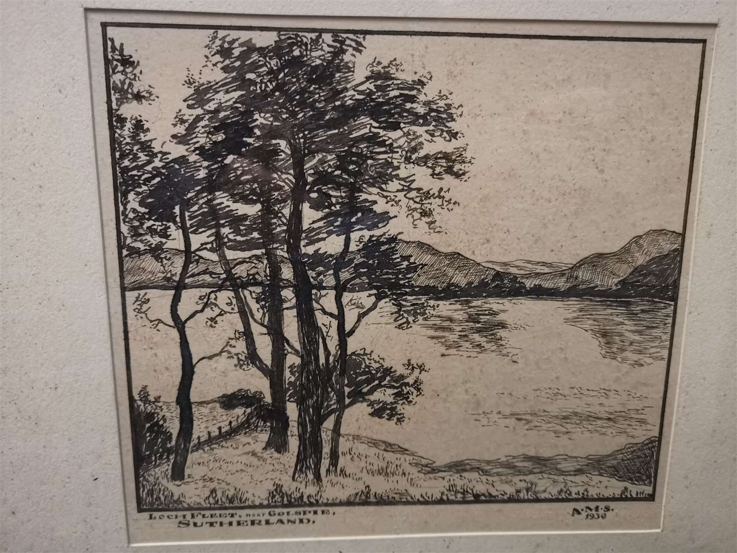 The ink drawing is dated 1930 and signed ‘AMS’.