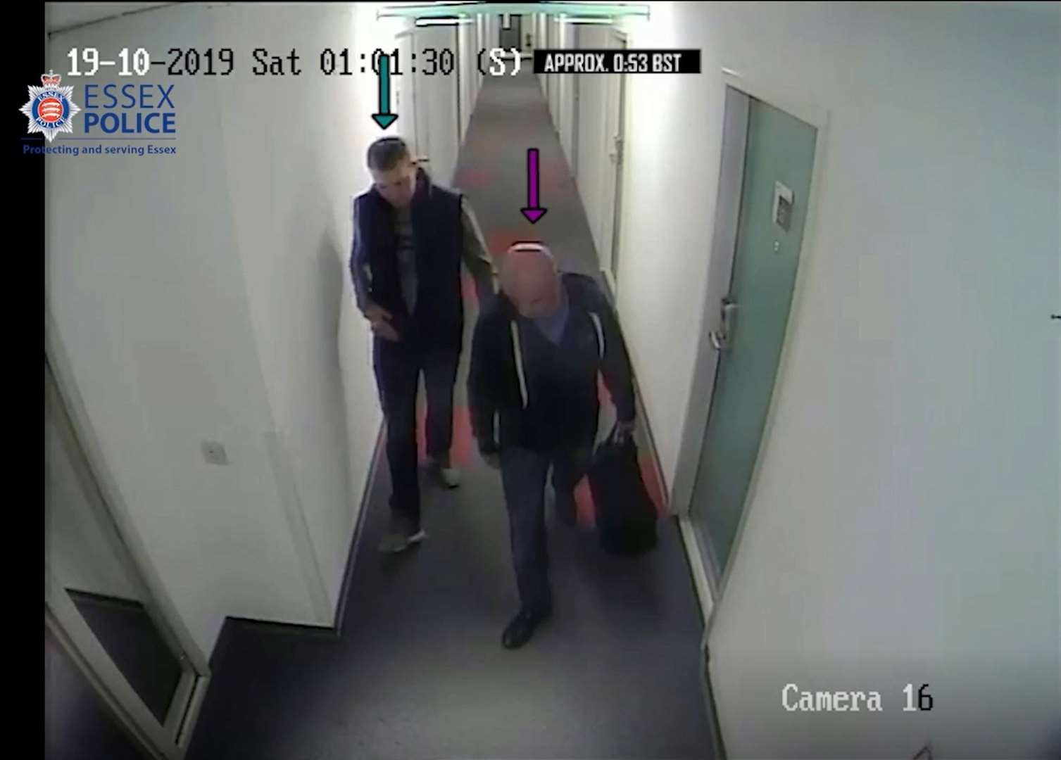 CCTV captured Gheorghe Nica carrying a bag believed to contain cash when he met Ronan Hughes, left, at a hotel (Essex Police/PA)