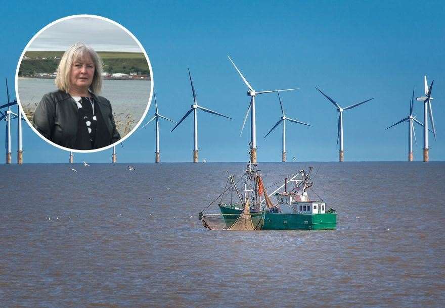 MSP Rhoda Grant (inset) with off shore wind turbine and a fishing boat.