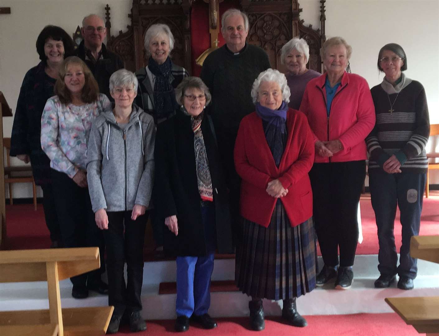 Father Derrick with parishioners and friends in Brora. From left, back: Pauline and Alex Stefaniak, Anne Sutherland, Fr Derrick, Christine Port. Middle: Margaret Bray, Jackie Wilkinson, Sister Anne Marie Farasyn. Front: Mary Donald, Sheila Broad and Mary Bromage.