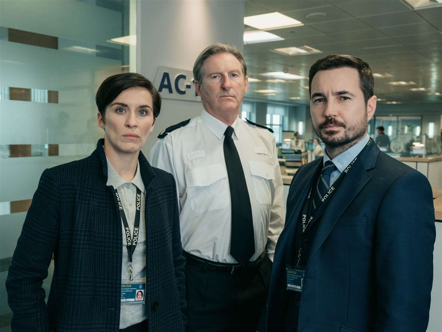 Line Of Duty stars, from left, Vicky Mcclure as detective sergeant Kate Fleming, Adrian Dunbar as superintendent Ted Hastings and Martin Compston as detective sergeant Steve Arnott.