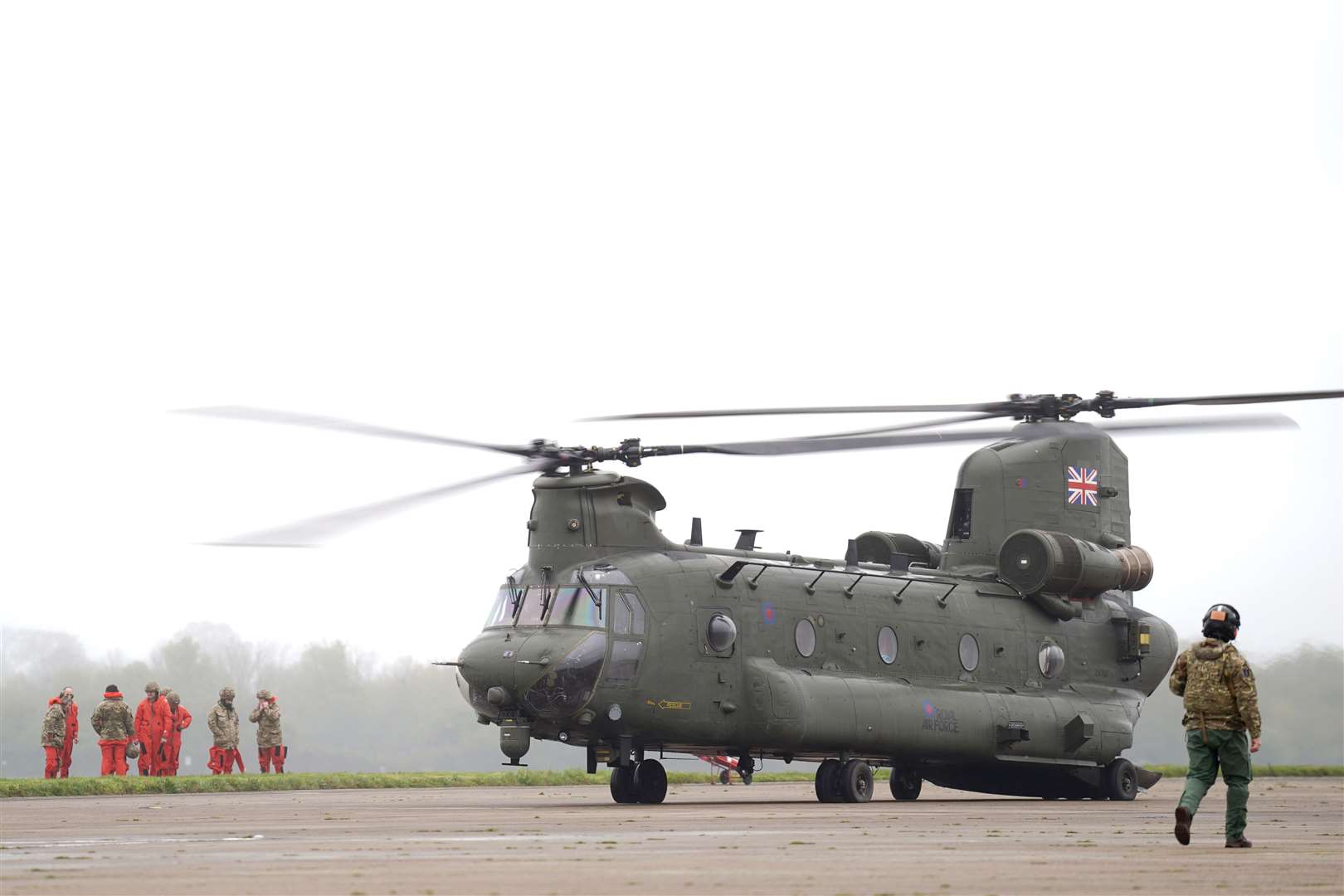 An RAF Chinook support helicopter prepares to deploy from Wattisham Flying Station in Suffolk (Joe Giddens/PA)