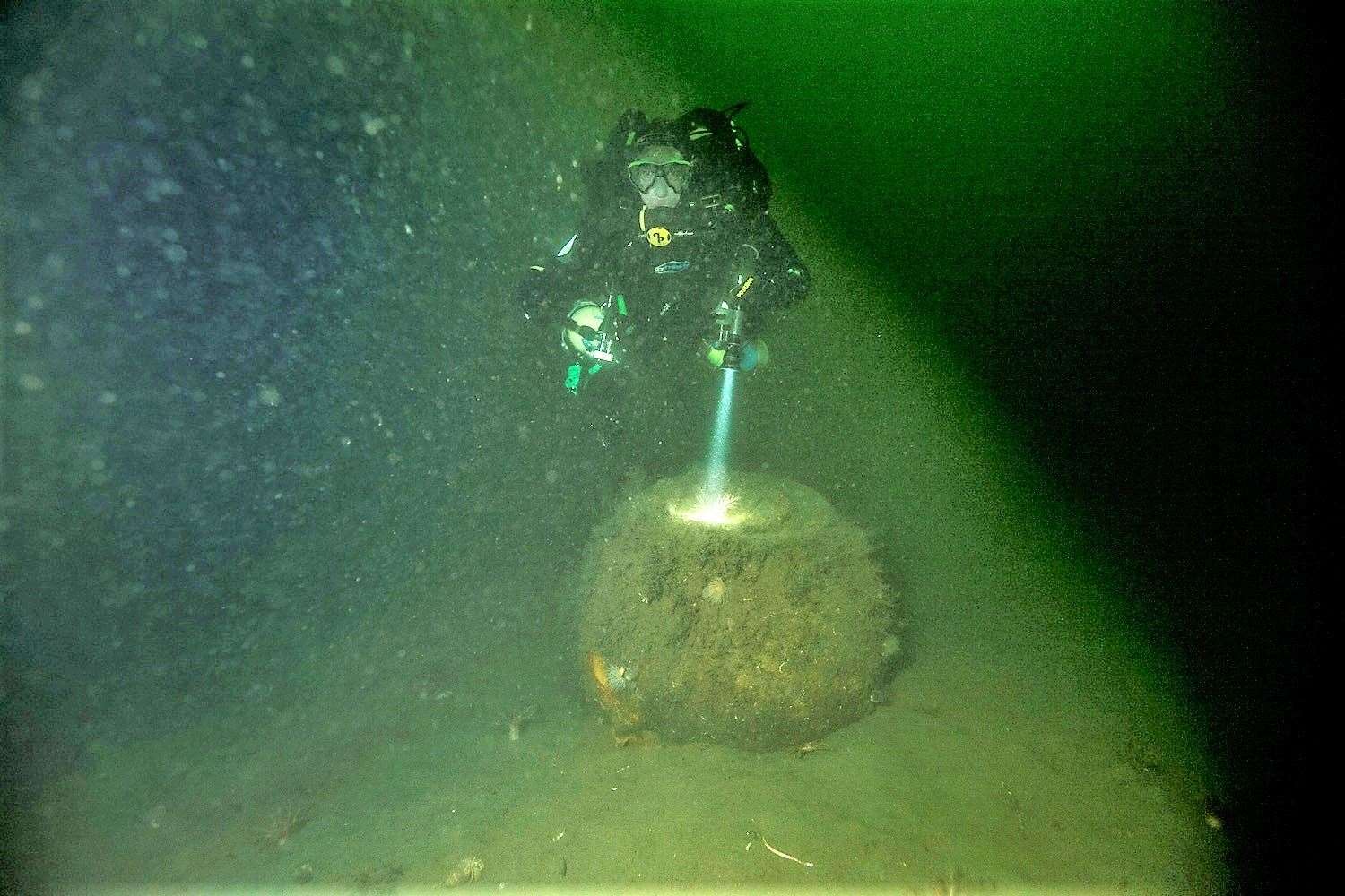 A diver locates one of the Highballs on the bottom of Loch Striven. Photo courtesy of the British Sub Aqua Club Diving Team.