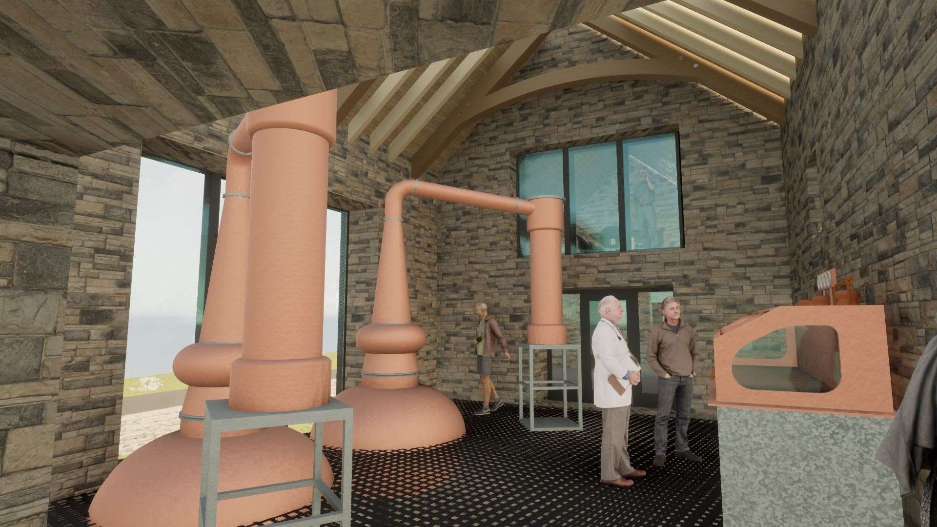 Computer generated image of the whisky stills in the old mill on the outskirts of Castletown.