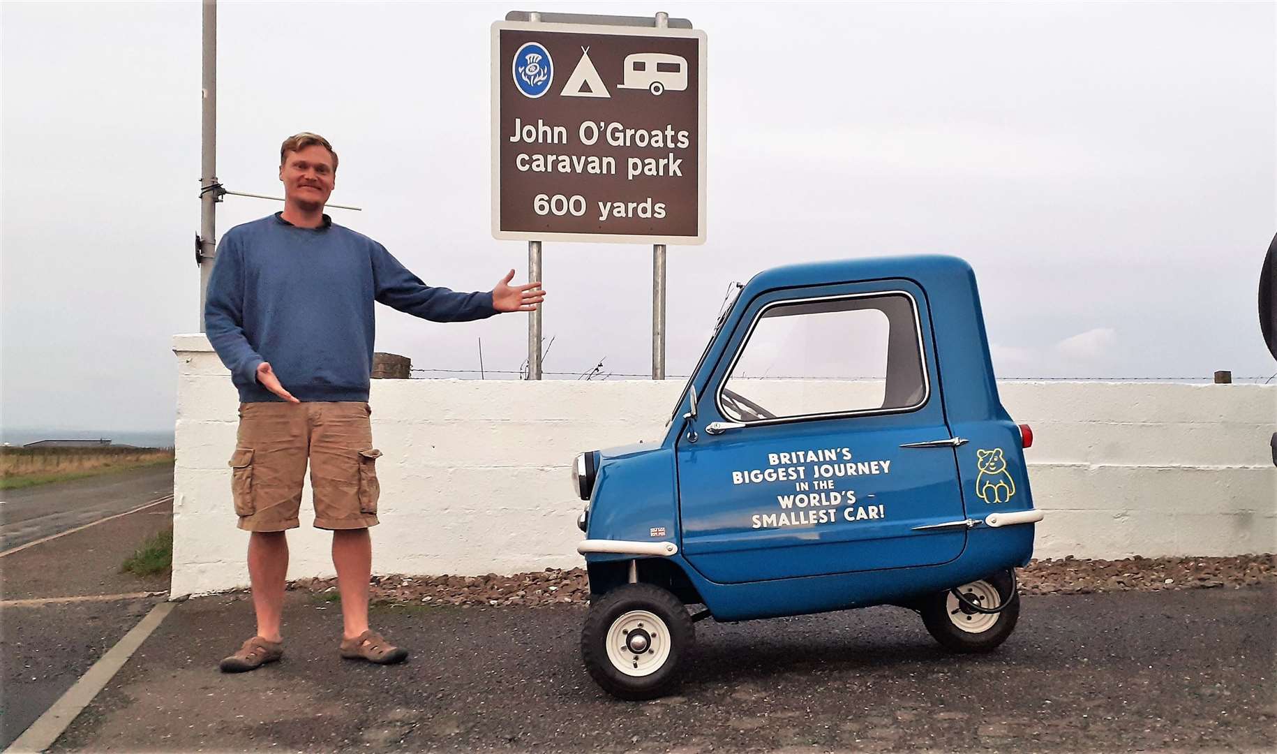 Alex with his Peel P50 car that he will drive from John O'Groats to Land's End.