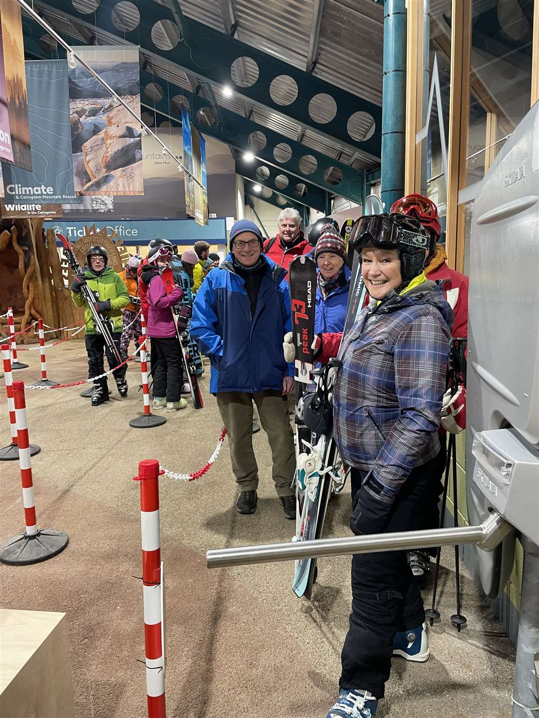 Making their own lilttle piece of Cairngorm history. The first snowsports enthusiasts to ride on the funicular's journey to the top after its repair. Picture: Christine Butchart.