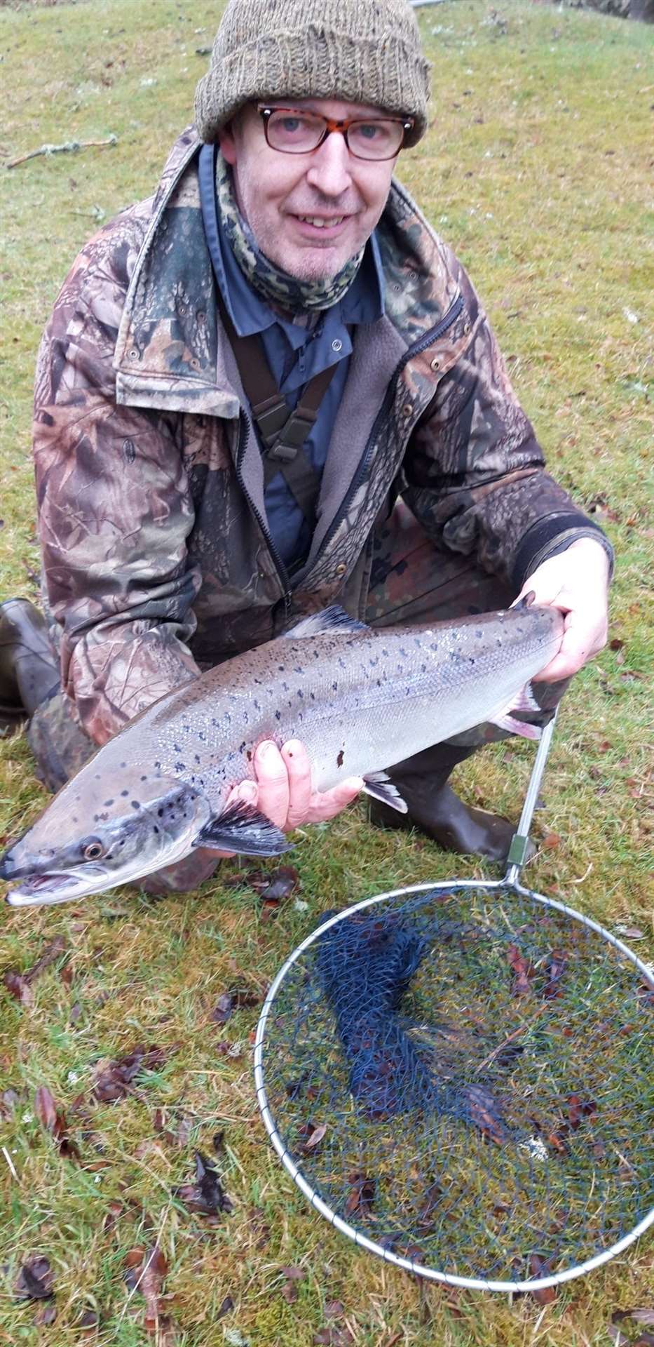 John McMorran with the first fish of the season off the River Brora.