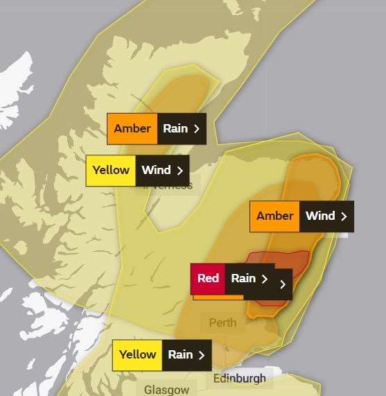 A rain warning for Caithness, Sutherland and Ross-shire has been upgraded to amber, and one over parts of Angus and Aberdeenshire has been raised to red. Picture: Met Office.