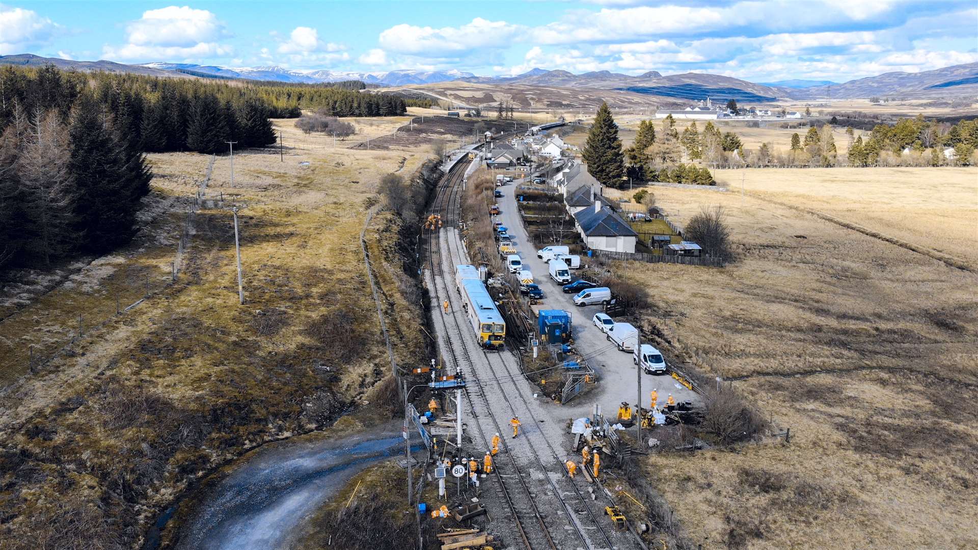 An overview shot from Network Rail as work progressed to right the High Speed Train at Dalwhinnie