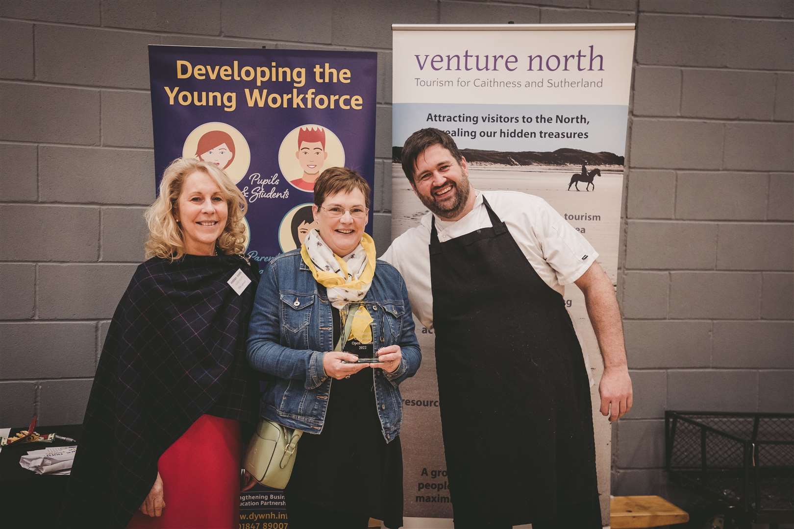 Taste North Challenge open winner Anne Campbell with chef Grant Macnicol and Venture North chairperson Ellie Lamont, of Mackays Hotel, which supports the baking competition. Picture: Colin Campbell Photography