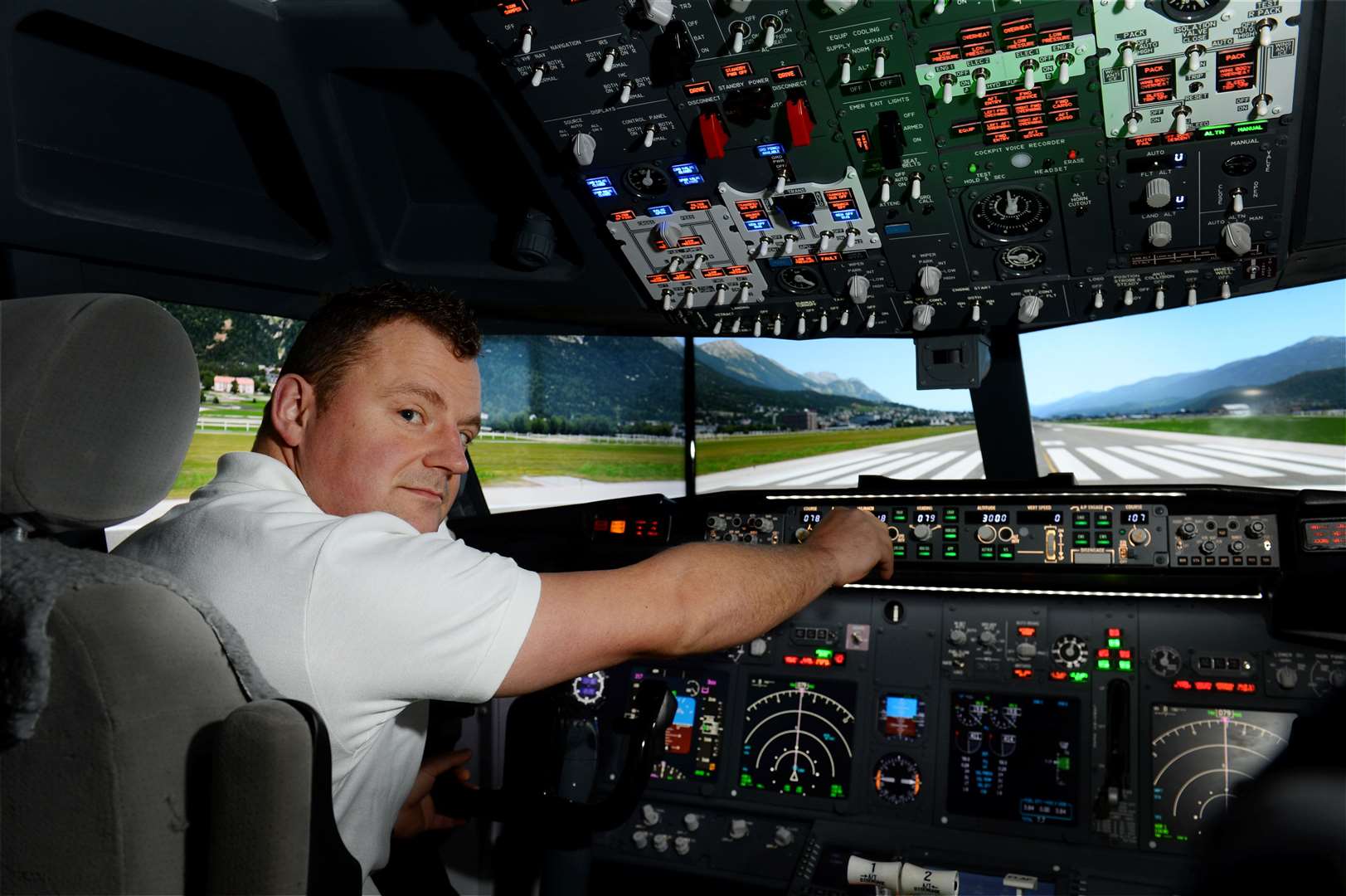 Krystian Rabiej has built a full scale 737 cockpit simulator,pictured flying into Innsbruck.. Picture: Gary Anthony..