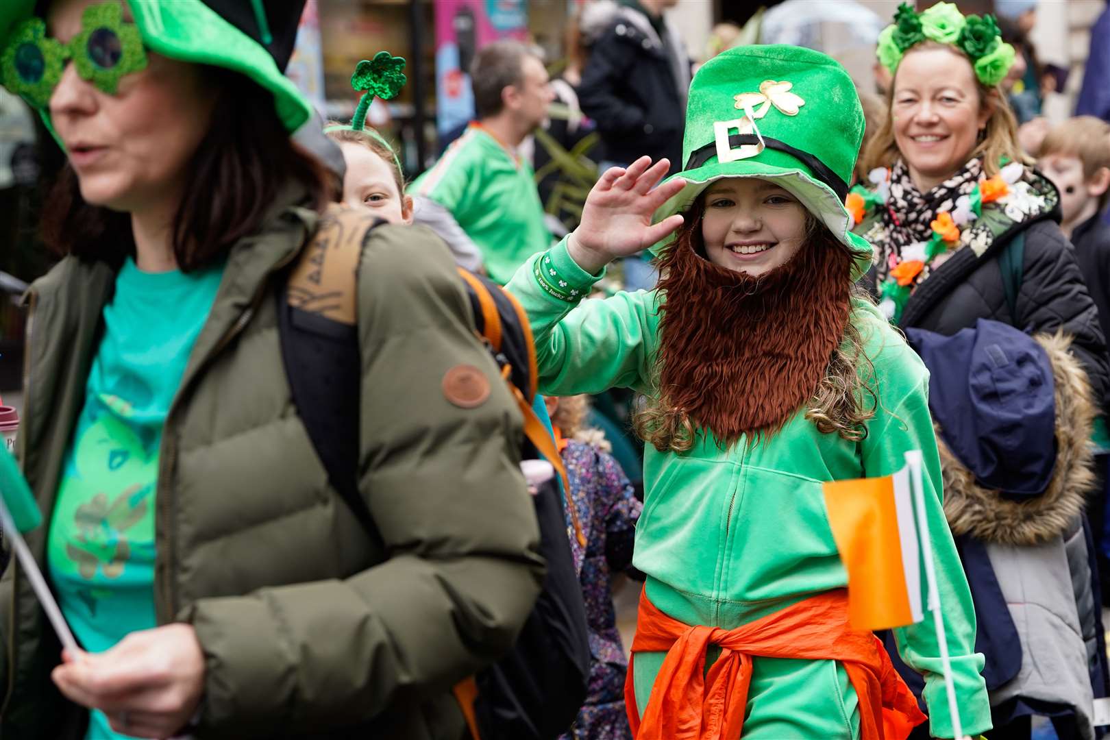 Meanwhile, celebrations continued across the water in London with crowds gathering in Trafalgar Square for the UK capital’s St Patrick’s Day event (Lucy North/PA)