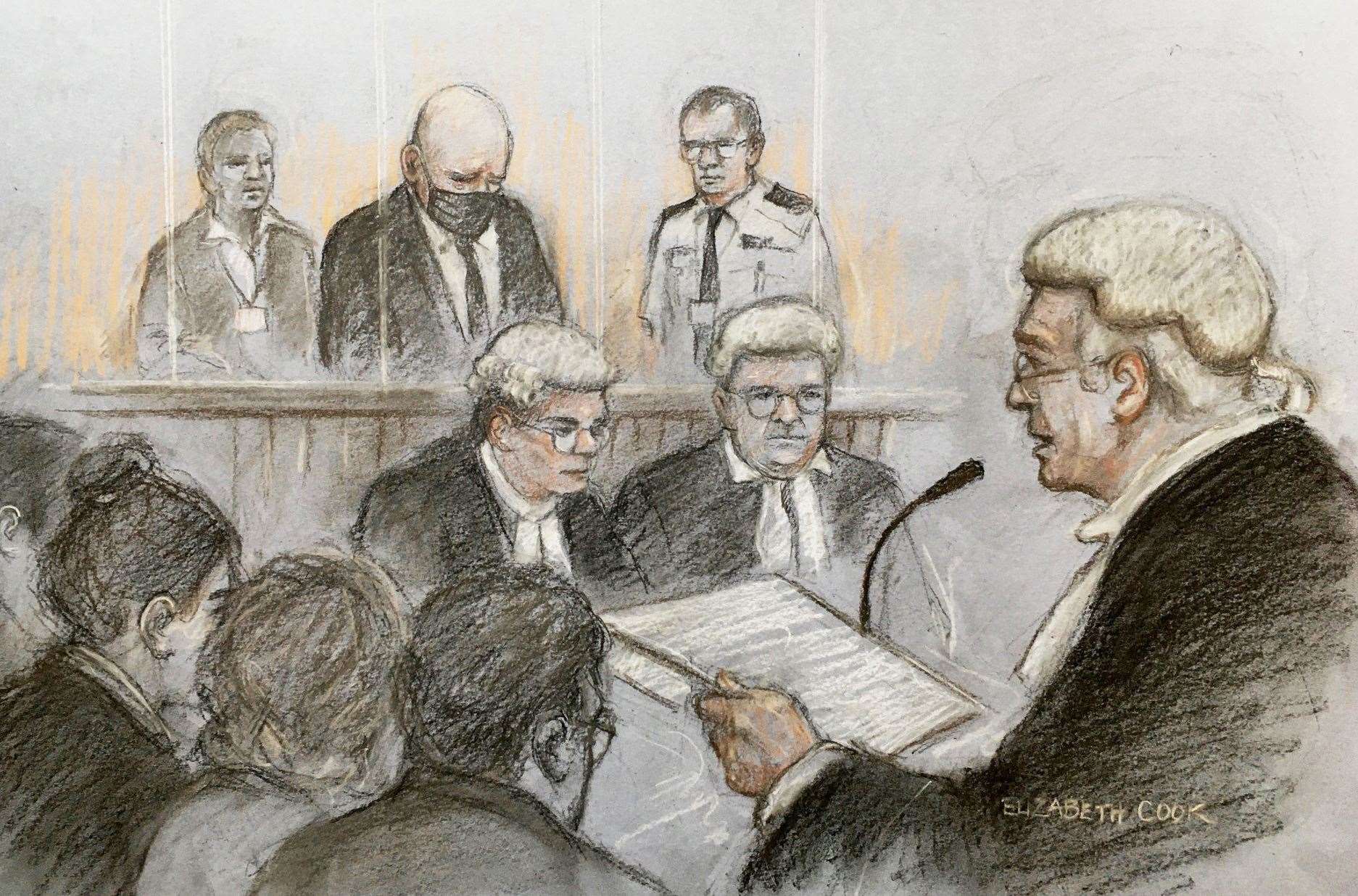 A court artist sketch of Lord Justice Fulford sentencing Wayne Couzens at the Old Bailey in London (Elizabeth Cook/PA)