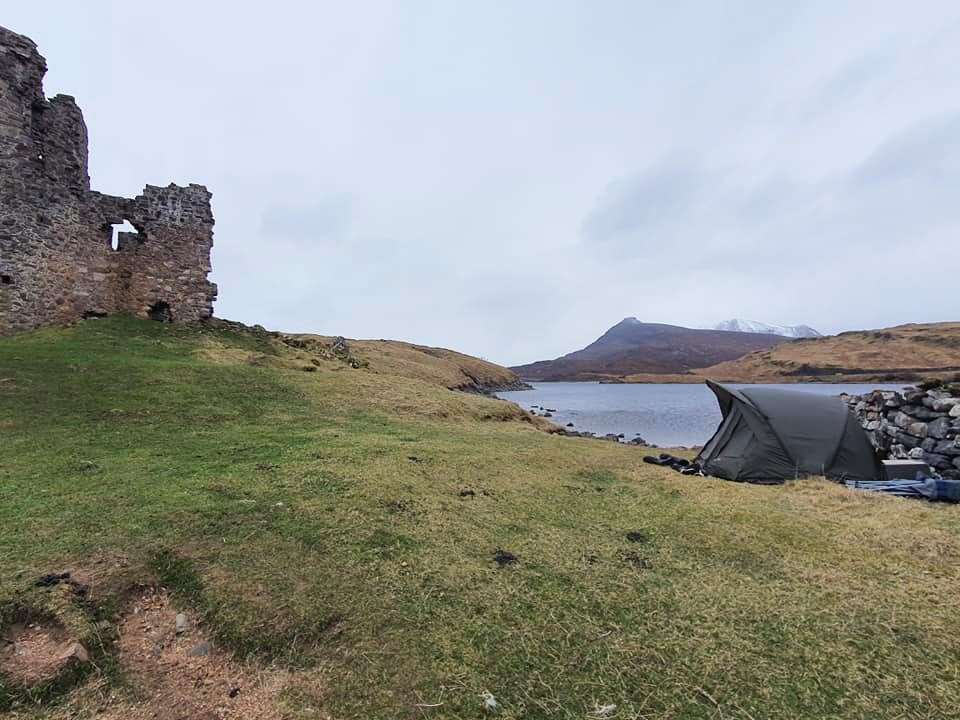 A tent sited within yards of Ardvreck Castle in 2020. Picture: Louisa Burnett for The Land Weeps.
