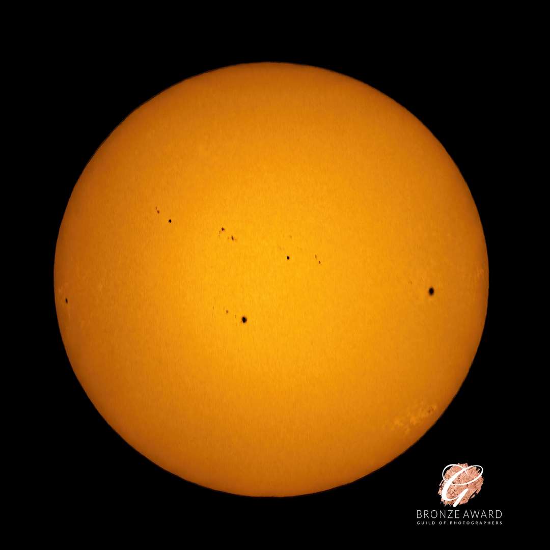 This is Sol, our sun, captured in white light last summer. Sol is in a phase of increased sunspot activity, and several are showing in this image. I captured this using my largest telescope, a Celestron Nexstar 8SE with a focal length of 2032mm. I used a commercially available solar filter which blocks 99.99 per cent of light. Graham said: "It is so important not look directly at the sun without using an approved Solar filter, if you do you risk serious damage to your retina and blindness."