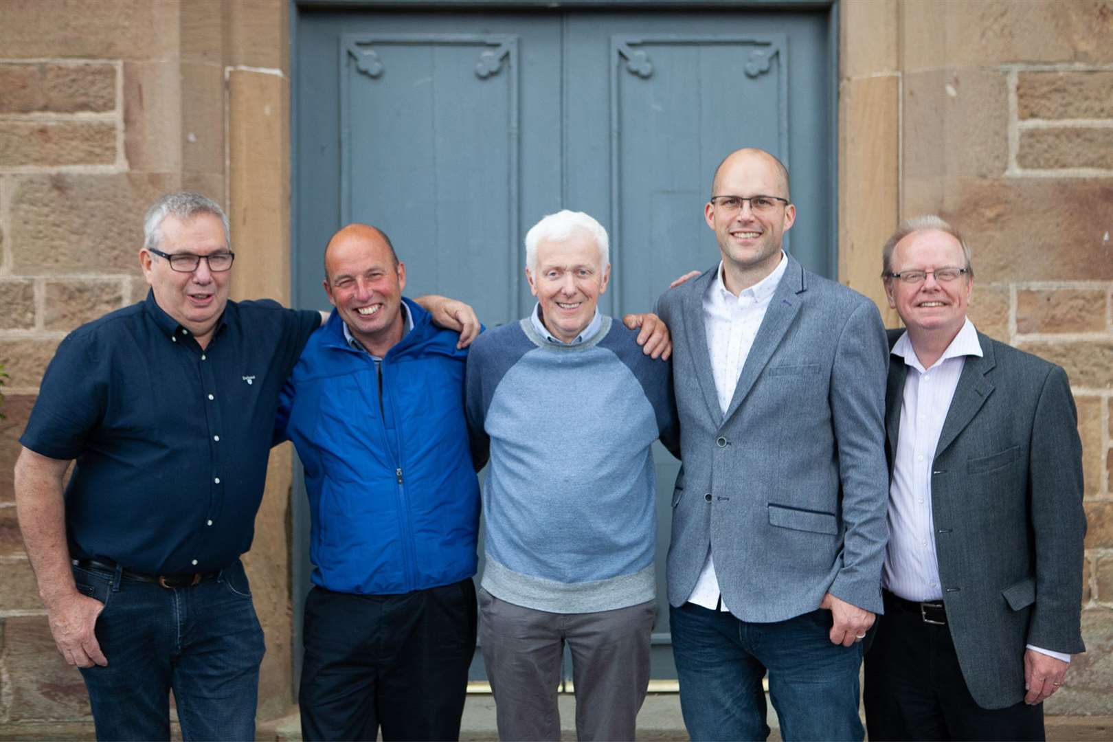 Newly inducted Dornoch Free Church minister Rev Al MacInnes (fourth left) with his predecessor Rev Duncan Macleod (third left) and church elders.