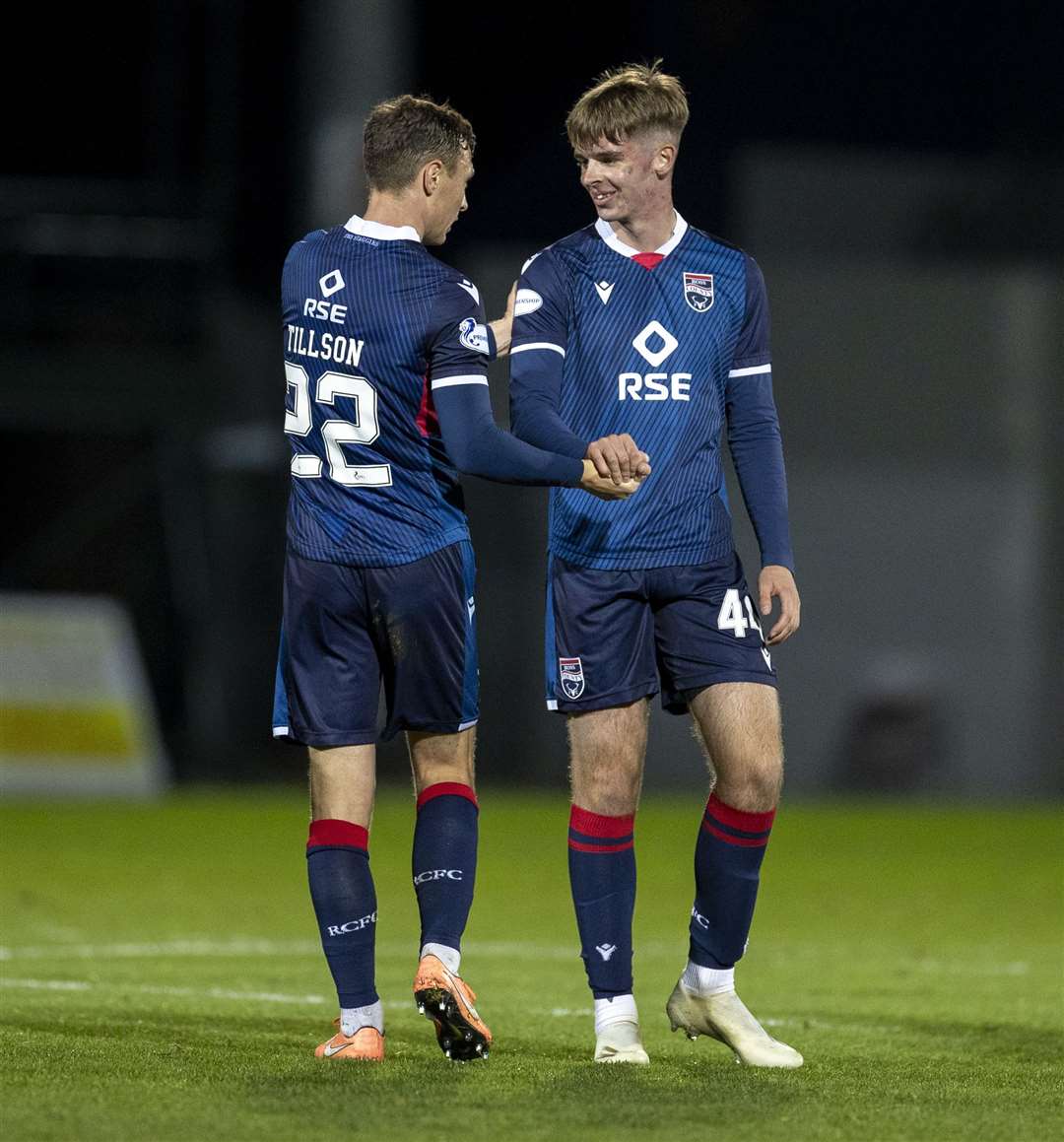 Picture - Ken Macpherson, Inverness. Betfred Cup Group stage. Ross County(3) v Stirling Albion(0). 14.11.20. Ross County's Jordan Tillson with Matthew Wright at the end.