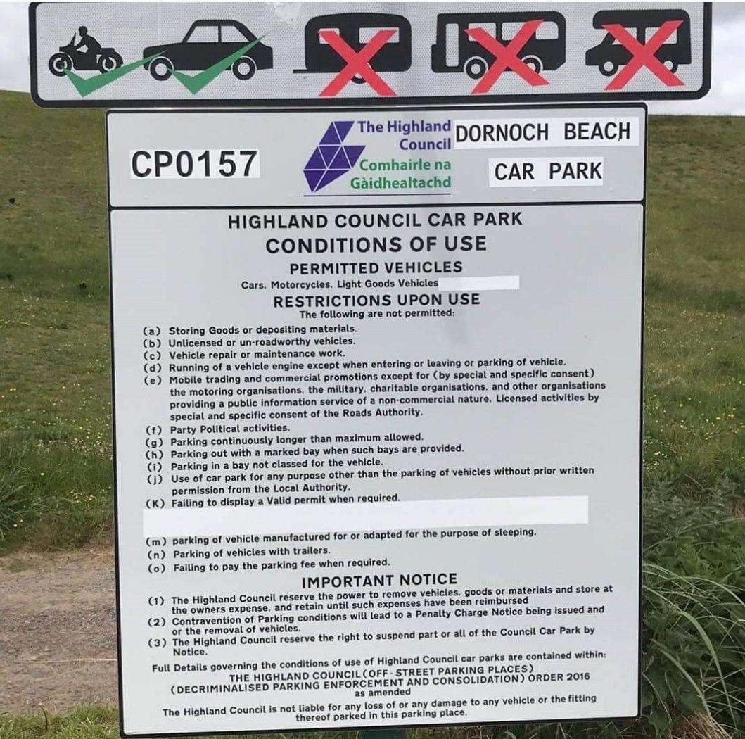 New regulations at the beach car park in Dornoch prohibit campervans and motorhomes from parking.