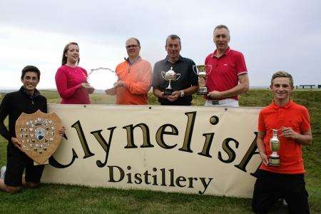 Left to right: Ross Powell, Clynelish Shield winner; Claire Fraser, Clynelish Distillery Visitor Centre (sponsors) manager; Roddie Cameron, Clynelish Salver winner; Michael Jack, Auchroisk Cup winner; Michael MacKintosh, McRobert Thistle Cup winner; Micha