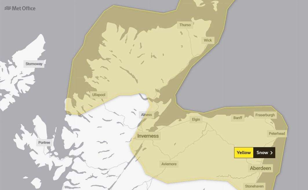 The second weather warning runs from 12.01am on Friday until midday the same day, and includes Caithness, Sutherland, parts of Ross-shire, Inverness, the Cairngorms, and the whole Moray Coast. Picture Met Office.