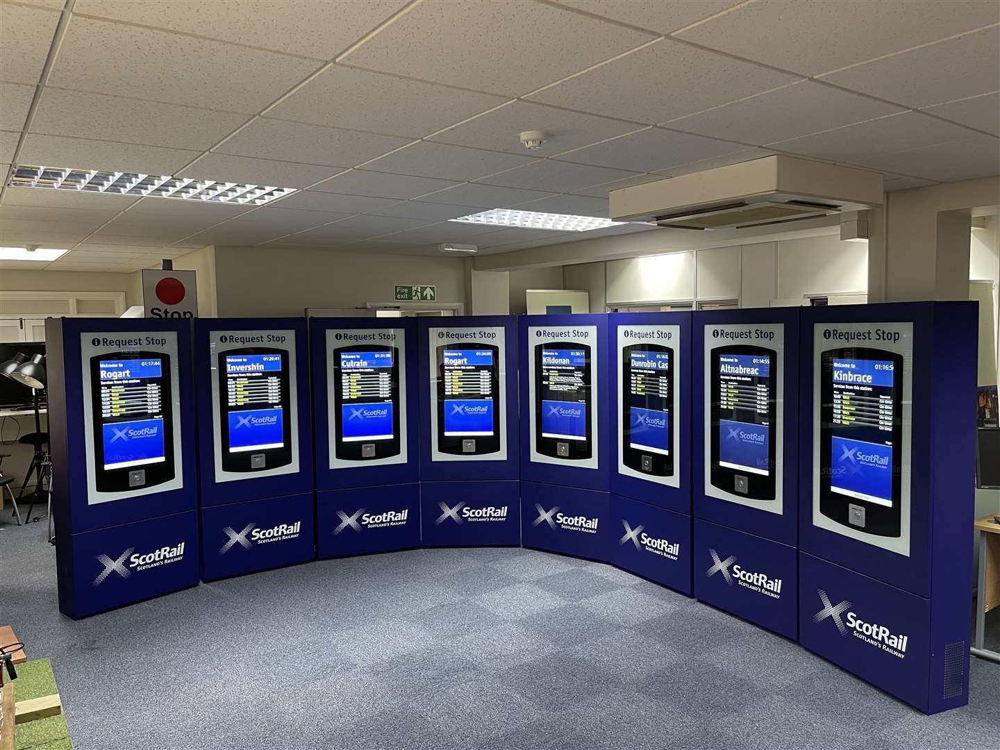 The eight request to stop kiosks which will become operational this summer. They consist of a platform unit with timetable display and request to stop button, signage and an adjacent radio mast.